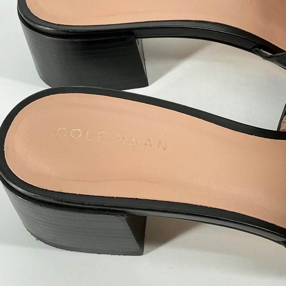Cole Haan Grand 360 Size 8 Black‎ Leather Knot Slide Sandals Block Heel Womens